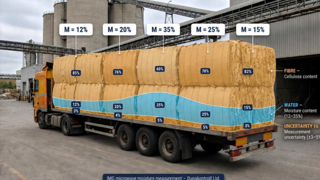 Dunakontroll IMG microwave moisture measurement showing water and fibre distribution in a recovered paper truck load