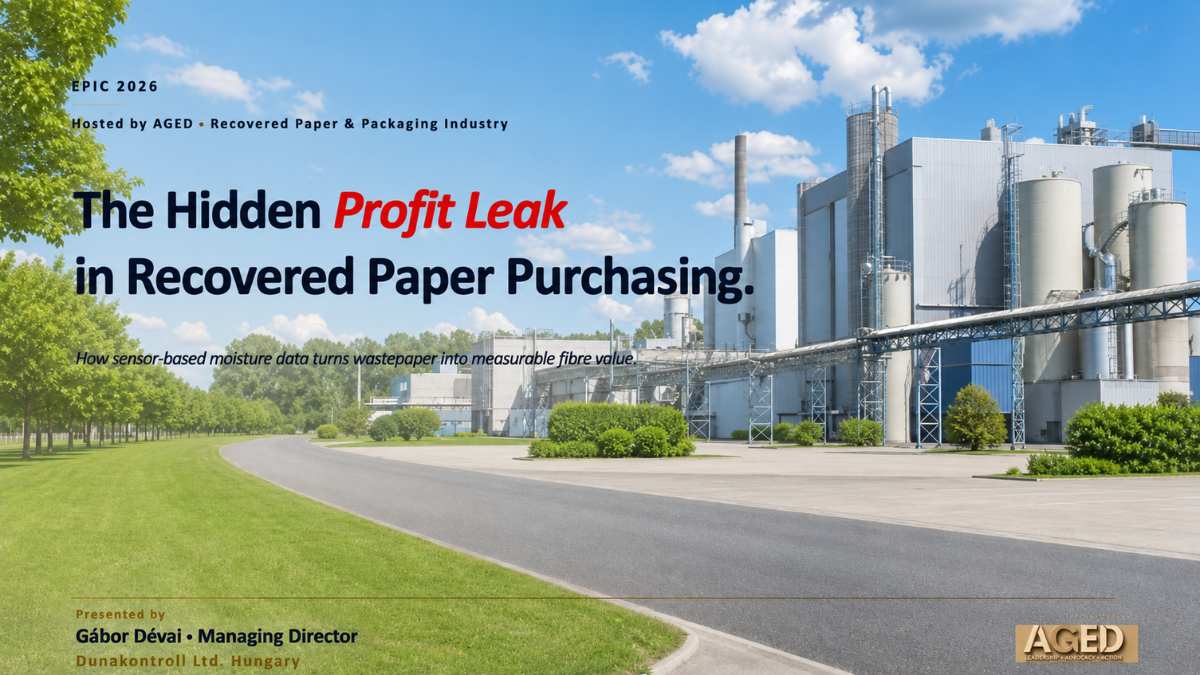 Dunakontroll presentation slide about hidden profit leak in recovered paper purchasing and sensor-based moisture measurement